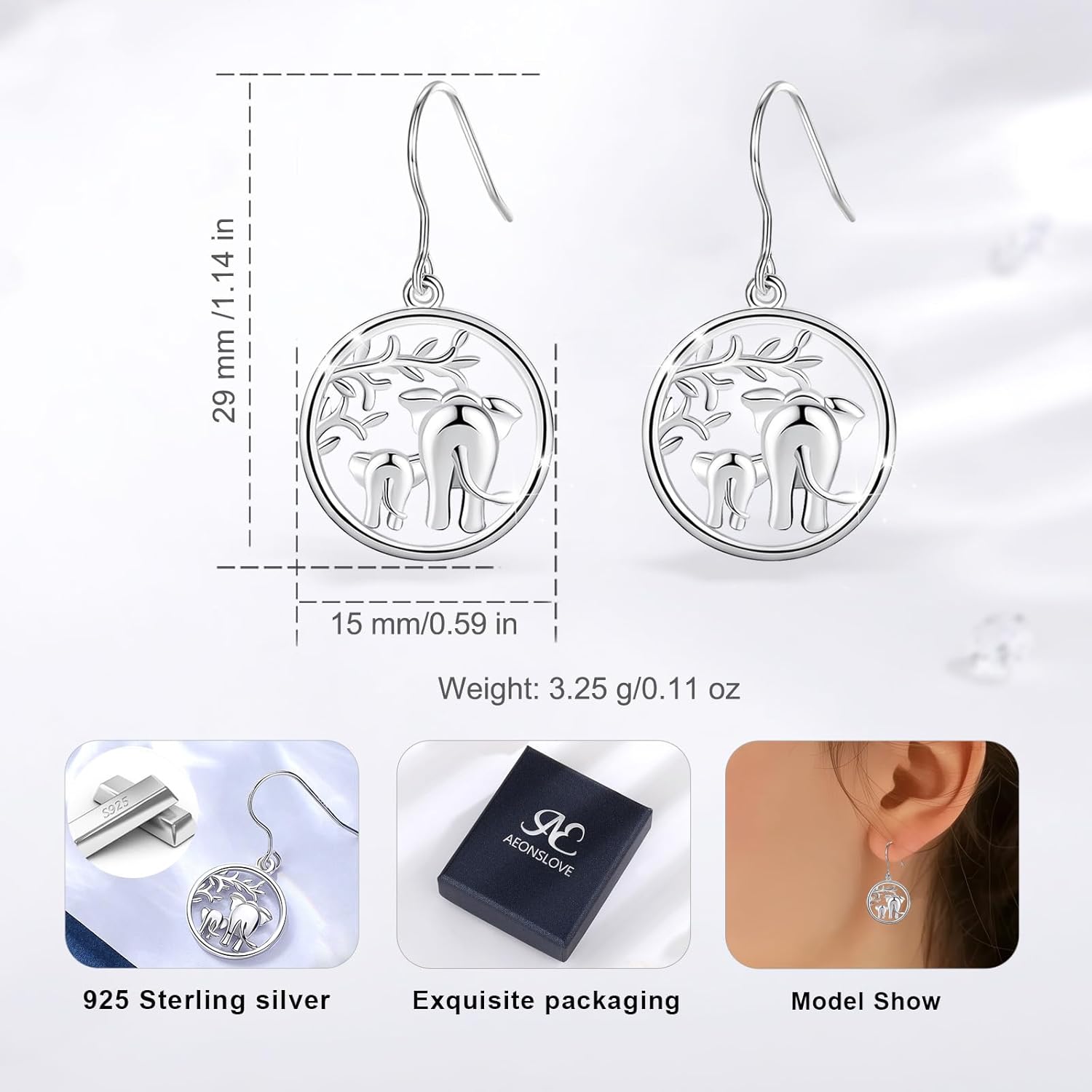 AEONSLOVE Elephant Sterling Silver Earrings, Elephant Jewelry for Women, Mother's Day Gift - Image 7