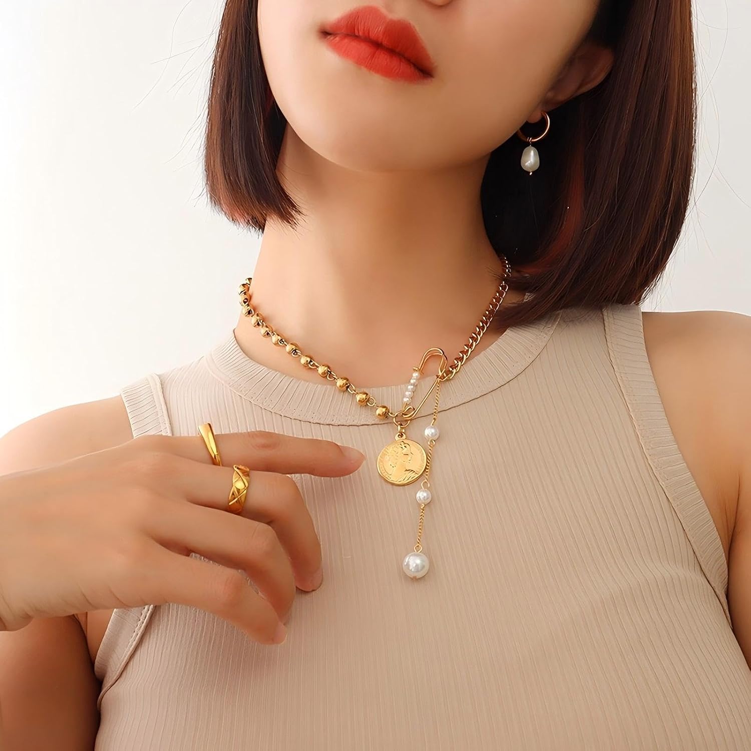 Charm Necklace for Women Gold Chunky Heart Safety Pin Necklace Pearl Necklace Coin Ball Chain CZ Paper Clip Chain Choker Necklace image 3