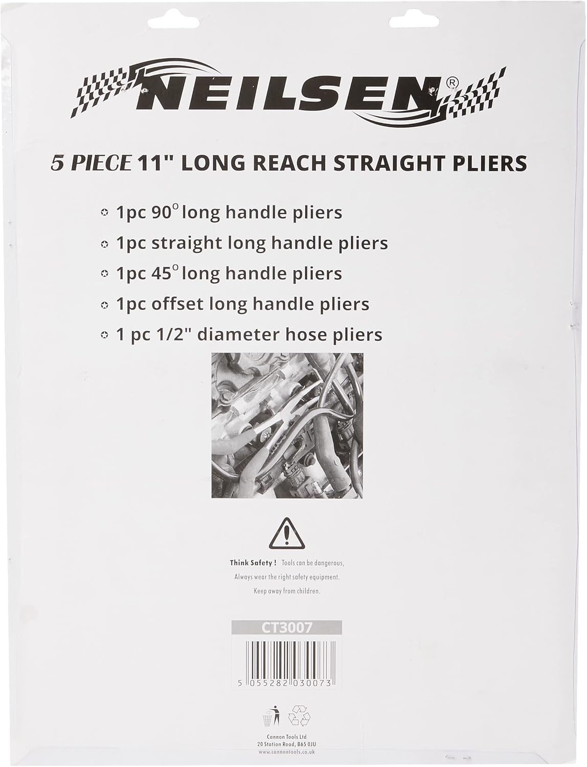 Neilsen CT3007 5pc Long Reach Pliers Set - Straight, 45-Degree, 90-Degree, Offset, and 1/2-Inch Hose Pliers, 11in / 280mm Long Handle