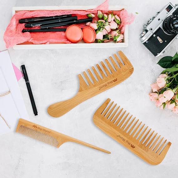 Natural Bamboo Comb Set Anti-Static Fine Wide Tooth Wooden Comb For Detangling Styling Thick Thin Straight Hair For Men or Women,Rat Tail Comb (Natural Hair Comb Set)