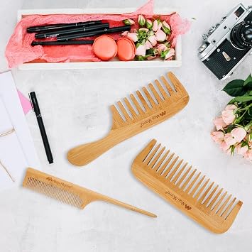 Natural Bamboo Comb Set Anti-Static Fine Wide Tooth Wooden Comb For Detangling Styling Thick Thin Straight Hair For Men or Women,Rat Tail Comb (Natural Hair Comb Set)