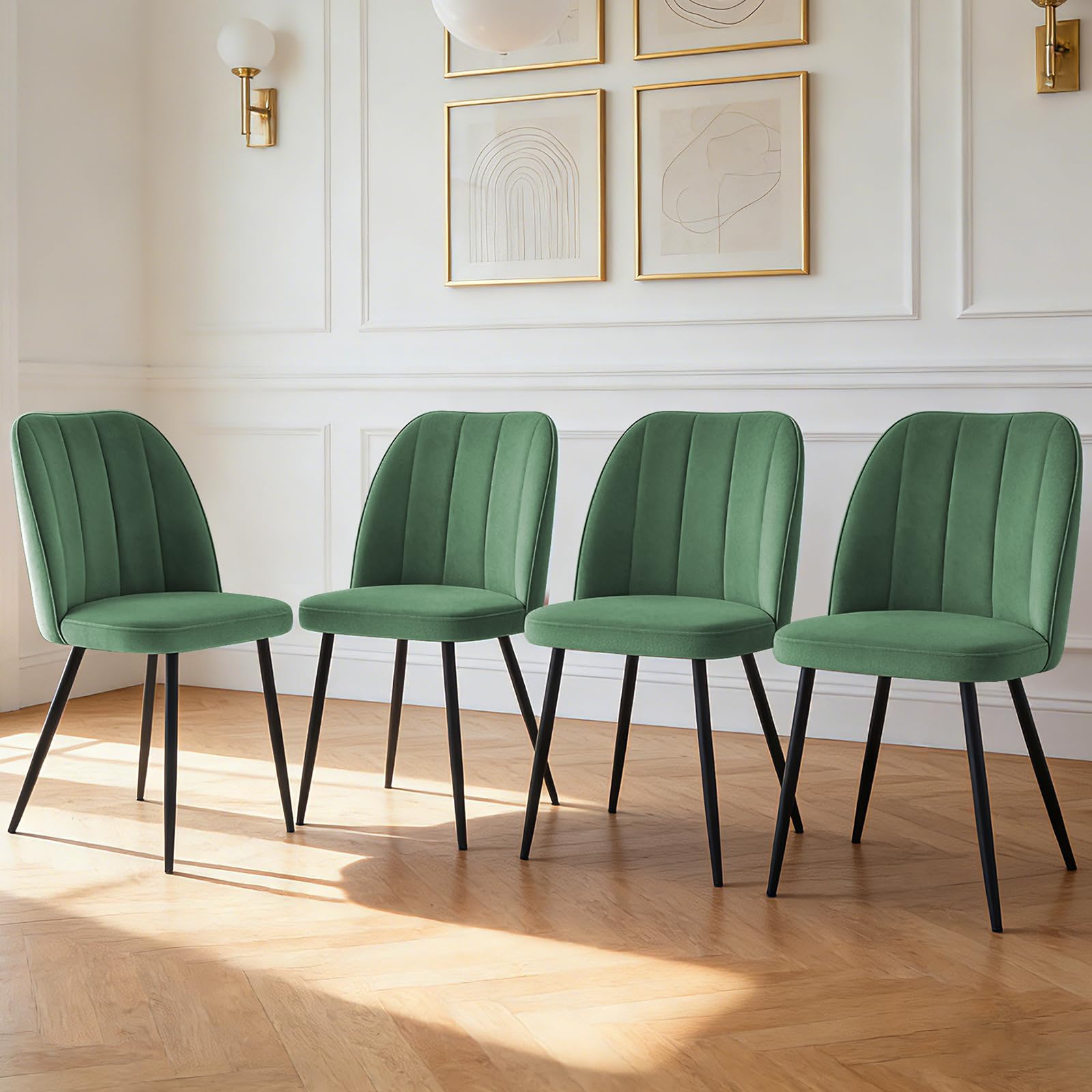 ZOONFA Set of 4 Velvet Dining Chairs Upholstered Kitchen Chair with Curved Back Desk Chair for Kitchen Living Room （Grass Green）