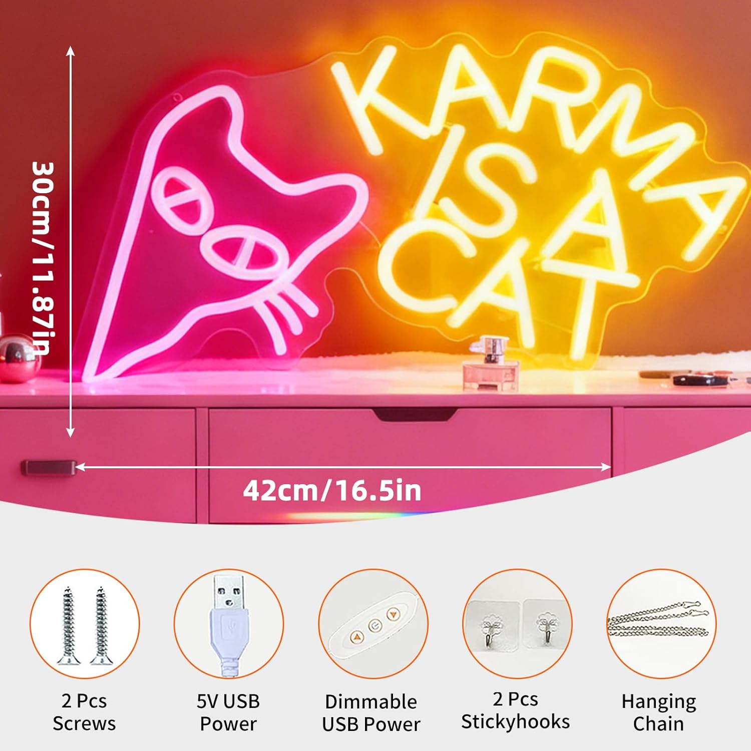 Cat LED Neon Sign, Cute Animal Light Up Sign, USB Powered Dimmable Decorative Neon Light for Home Bedroom Living Room Music Room Party Gift Wall Table Decor 16.5 x 11.8 In