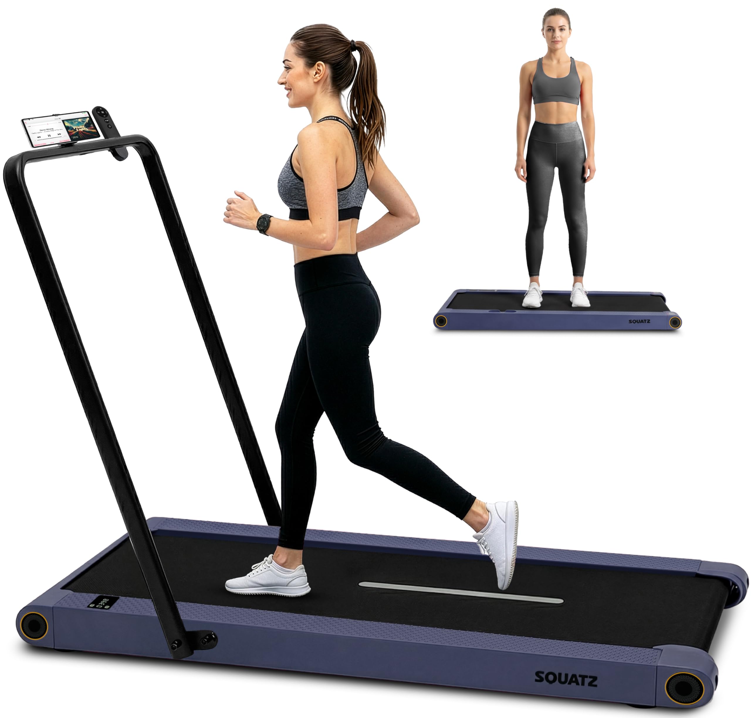 Squatz Tapis Roulant Pieghevole 2-in-1 con Pedana Vibrante, Walking Pad Salvaspazio, Display LED, Supporto Tablet, Telecomando, Motore Silenzioso 750W per Casa e Ufficio