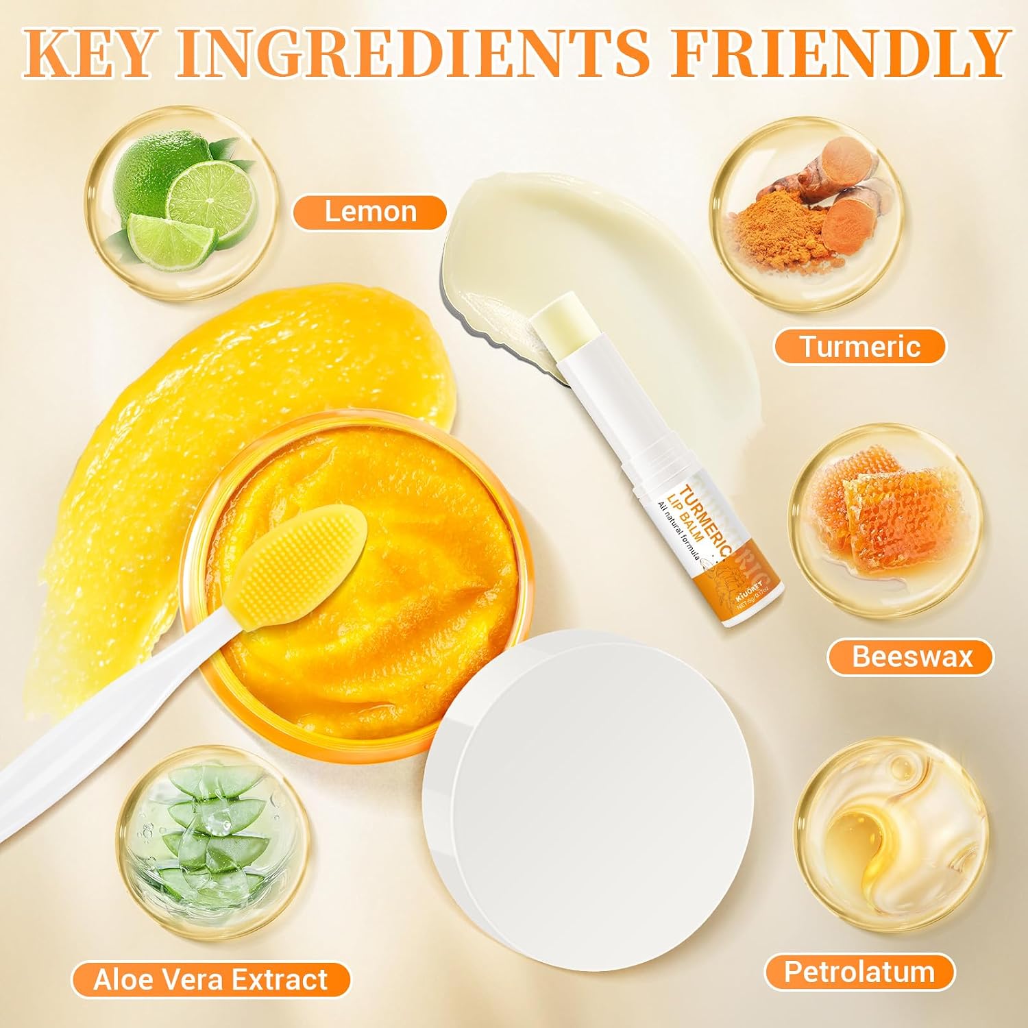 Turmeric Lemon Lip scrub & Turmeric Lip Balm with Brush Set 3PCS - Lips Scrubber Exfoliator for Dark Lips, Reduces Fine Lines Lip - Hydrating & Smooth Cracked, Dull, Dry