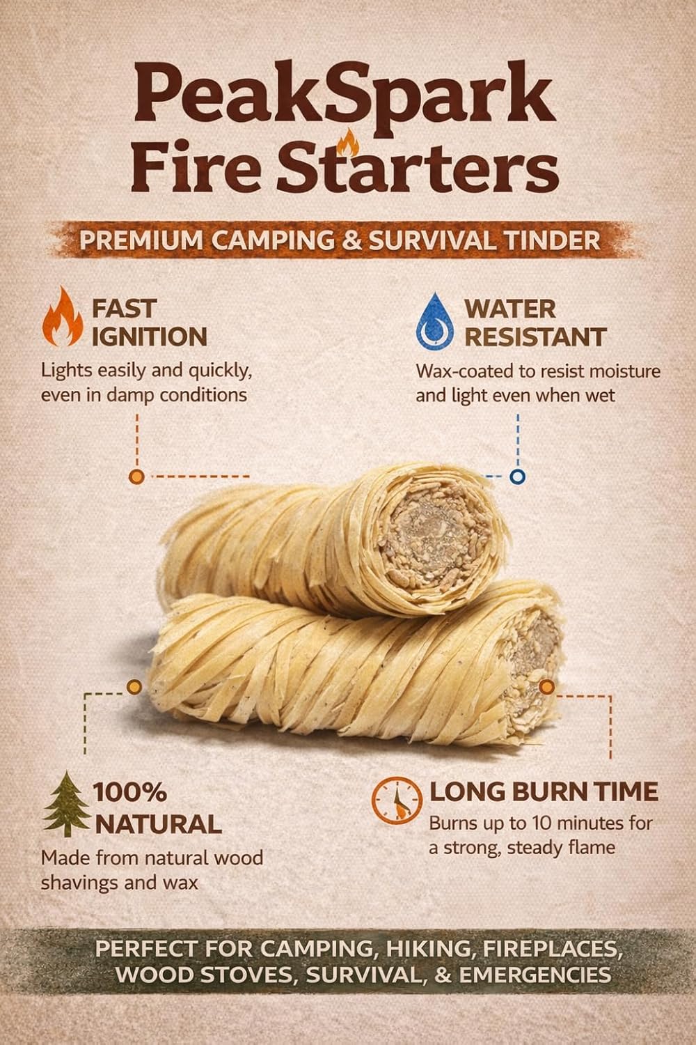 PeakSpark Natural Fire Starters – 100 Wax-Infused Wood Fiber Fire Starter Sticks for Camping, BBQ, Fire Pits, Fireplaces & Wood Stoves | Easy to Light, Smokeless, Long-Burning, Eco-Friendly.
