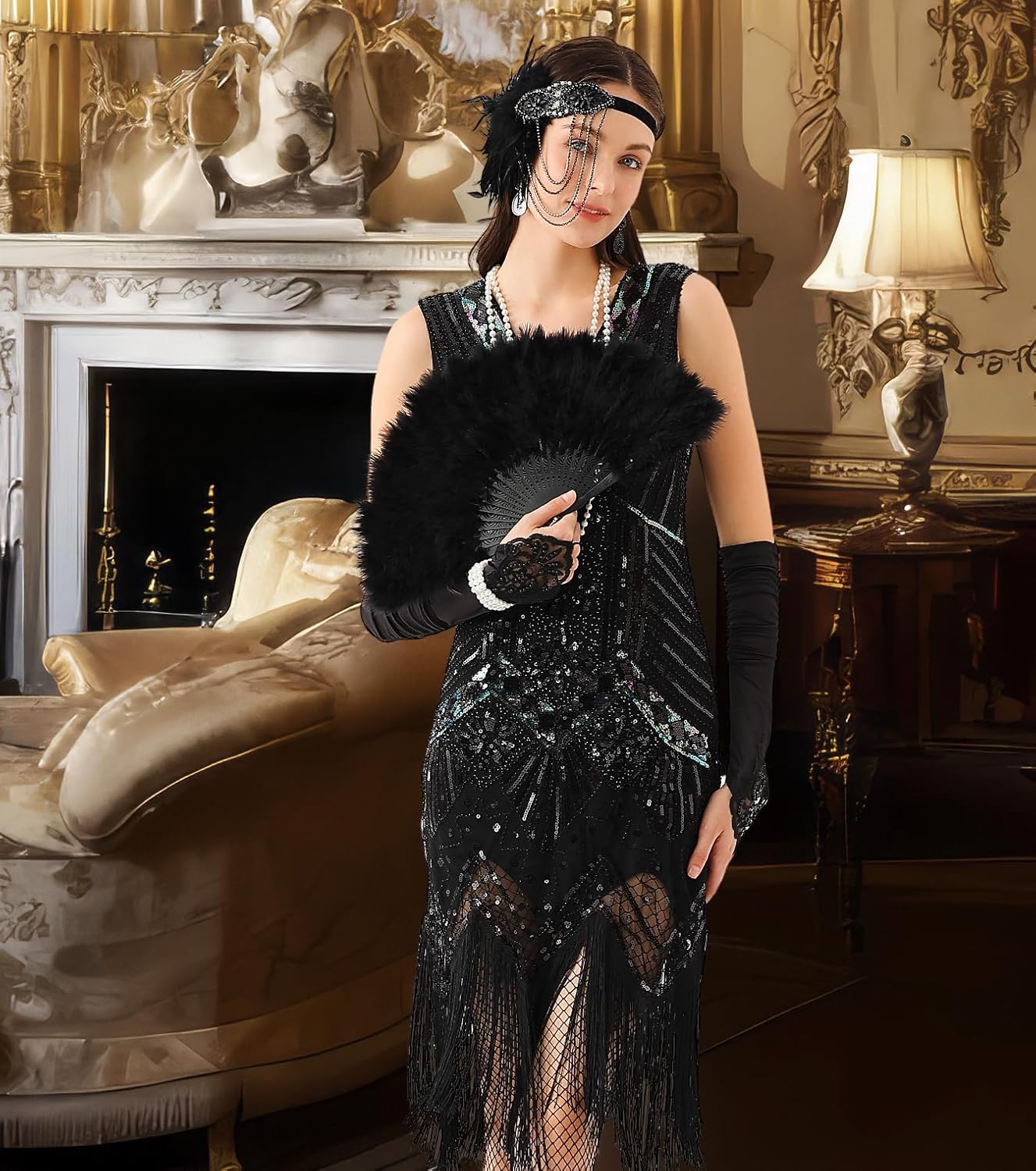 1920s Dresses for Women, Flapper Dress Lace Fan Feather Headband Sequins Beads Fringes 20s Accessories Vintage Mafia Costume - Image 6