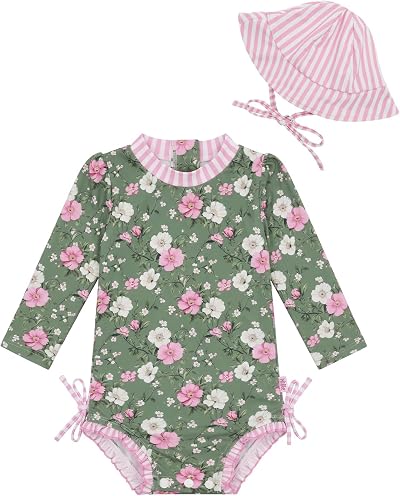 BABY Baby Girl One Piece Swimsuit with Hat Long Sleeve Ruffle Rash Guard
