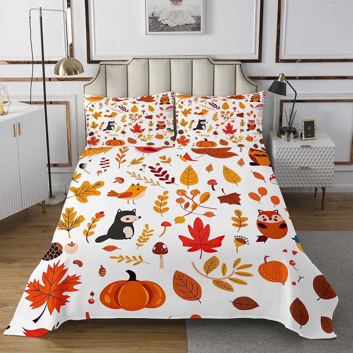 Feelyou Kids Fox Bedspread Twin Size Fall Pumpkin Coverlet Set for Boys Girls Teens Decor Birds Quilted Coverlet Happy Fall Y'all Quilted Bedroom Leaf Quilt Set 2Pcs