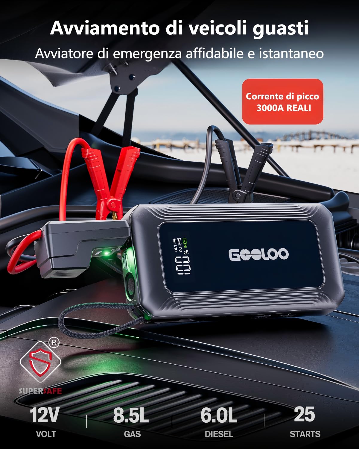 GOOLOO G7 Batteria Portatile di Avviamento per Auto 3000 A, con Ricarica Rapida USB-C 45 W e Torcia LED, Avviatore per Batterie Auto 12 V (per Motori Benzina fino a 8,5 L/Diesel fino a 6 L)