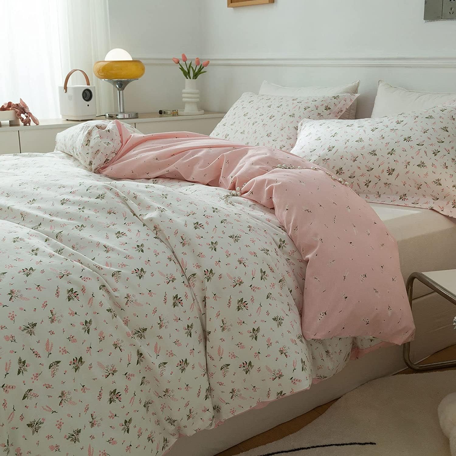 Floral Girls Duvet Cover Full Size 100% Cotton Pink Flower Duvet Cover Chic Floral Aesthetic Bedding Cover Vintage Botanical Flower Comforter Cover with 2 Pillowcases Cottagecore Bedding Set Full