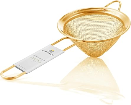 Homestia Fine Mesh Strainer for Kitchen, 304 Stainless Steel Sieve Sifters Cocktail Strainer for Food, Tea, Oil, Noodles, Coffee, Juice, Flour, Fruits, Vegetables - Easy to Clean Drink Strainer Gold