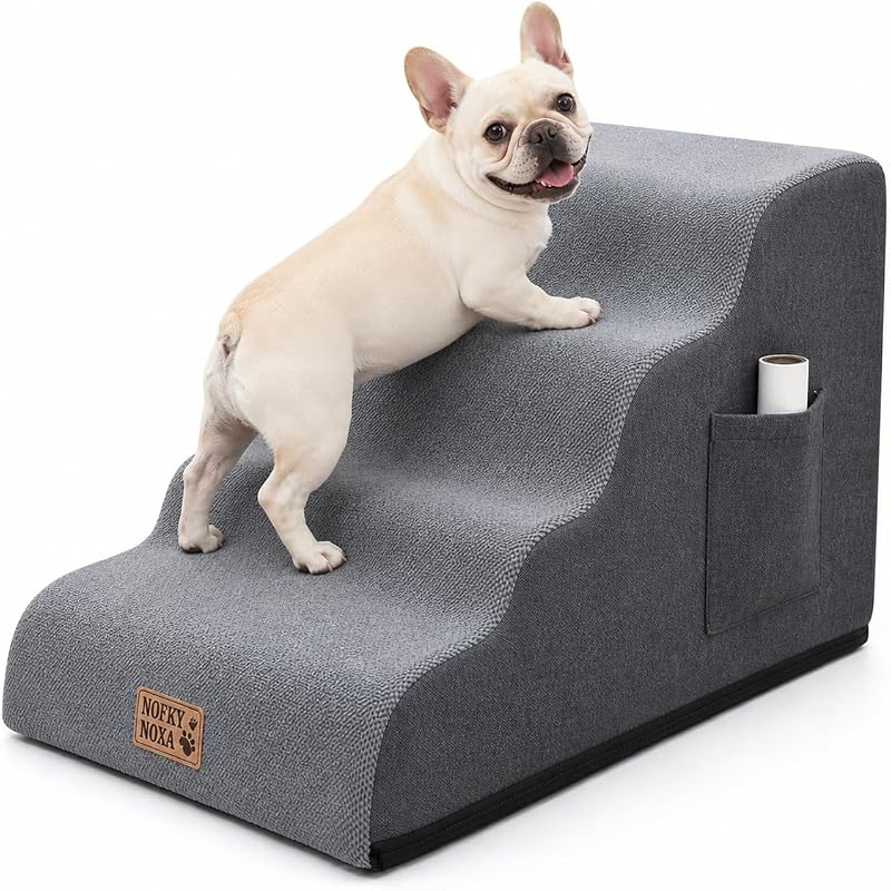 Escada para Cães e Gatos com 4 Degraus, Espuma de Alta Densidade, Capa Lavável e Bolso Lateral Cinza NOFKYNOXA