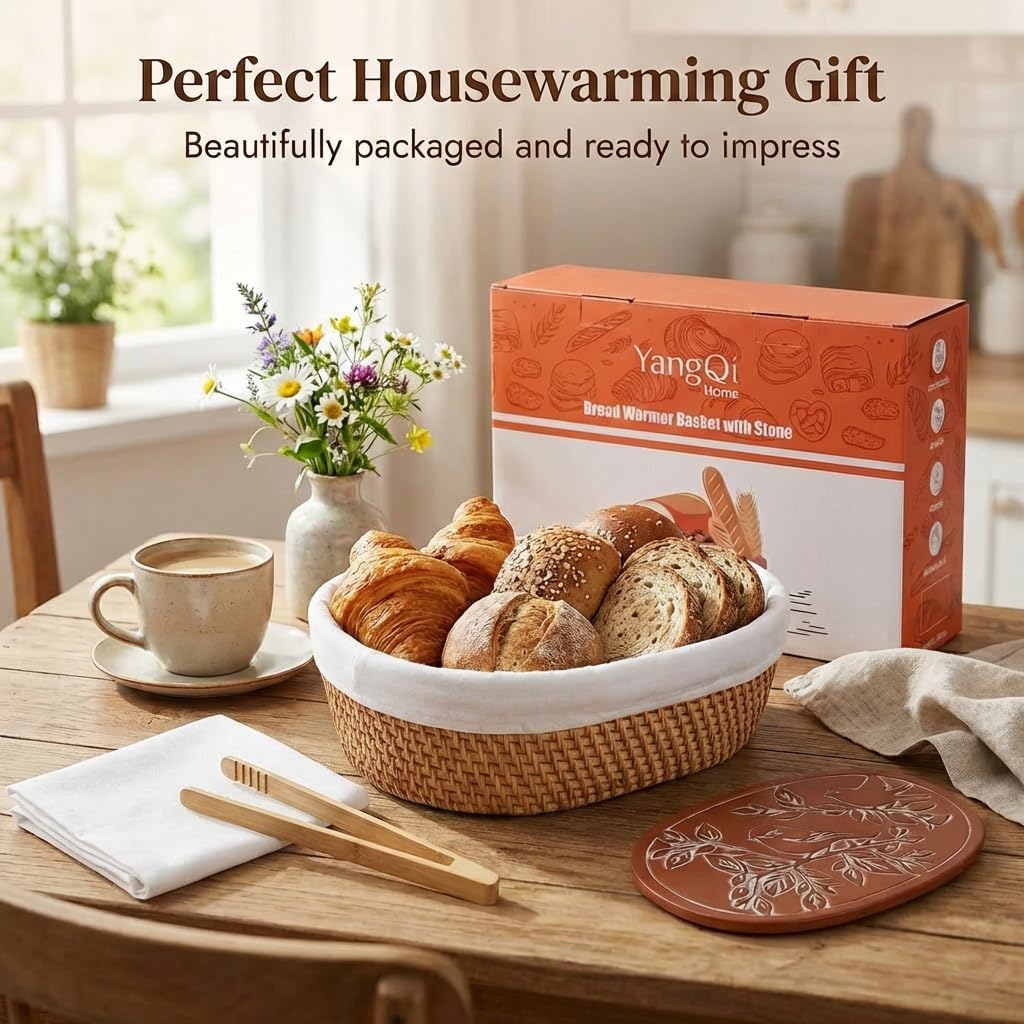 YANGQIHOME Bread Warmer Basket with Terracotta Warming Stone - Large Bread Basket for Sourdough, Tortillas, Rolls - Keeps Bread Warm 60+ Minutes - Includes Lid, Tongs & Liner