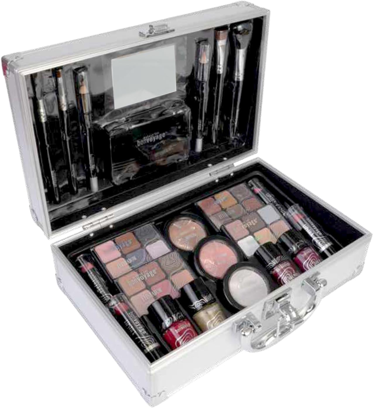 bonvoyage, Bon Voyage Coffret de maquillage pour femme 43 pièces, comprenant rouge à lèvres, fard à paupières, fard à joues, vernis à ongles et miroir, étui en métal portable et léger