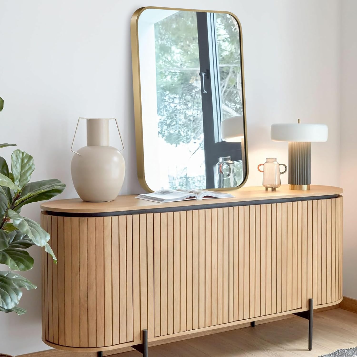 Gold Mirror, 24x36 Inch Framed Rectangle Mirror with Rounded Corner, Brushed Brass Mirror, Gold Bathroom Mirror for Over Sink, Vanity, Living Room, Bedroom, Horizontal/Vertical - Image 4