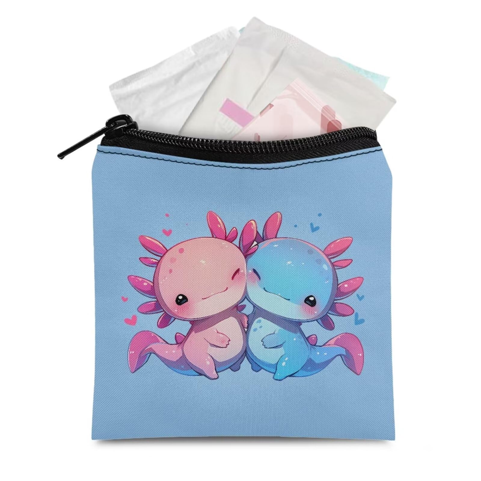 HUGS IDEA Cute Cartoon Axolotl Period Bag for Women Girls Menstrual Pad Pouch for School Office Small Sanitary Napkin Storage Bag Portable Feminine Period Kit Bag