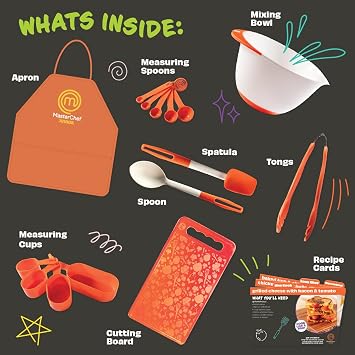 MasterChef Junior Cooking Essentials Set - 9 Pc. Kit Includes Recipes, Apron, Cutting Board, Mixing Bowl, Measure Cups, Spoons, Homemade Holiday Gifts