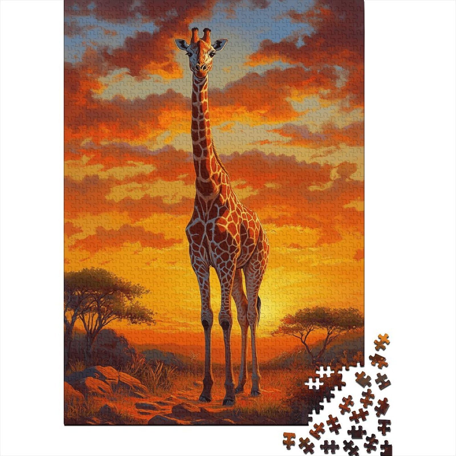 African Giraffe 1000 Piece Jigsaw Puzzle Paper for Adults Sunset Savanna View Puzzle Game for Family Relaxation Gift 38x26cm/1000pcs