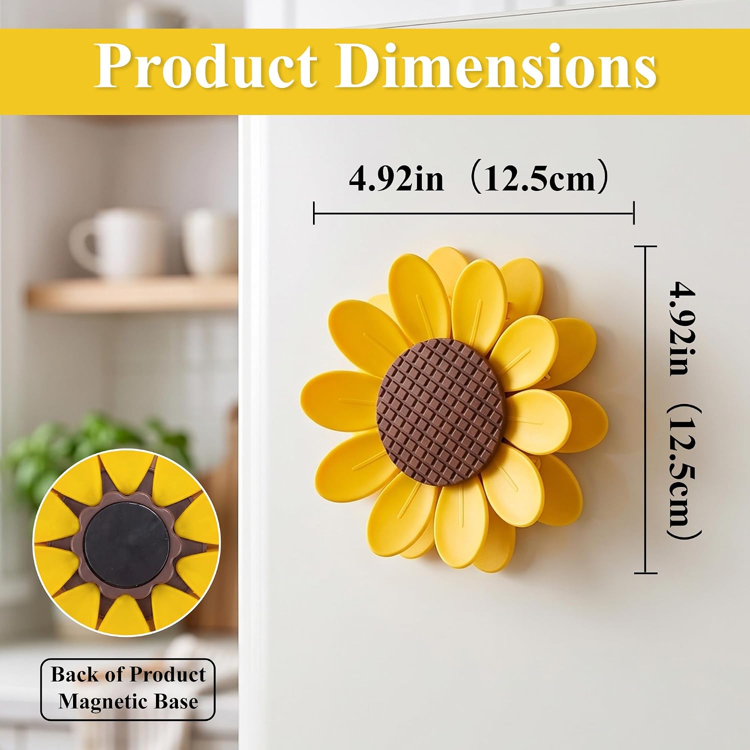 Sunflower Chip Clips, 20 Count in 2 Flower Sets with 2 Magnetic Fridge Storage Bases, Cute Bag Clips for Snacks, Bread, Coffee and Cereal, Yellow and White