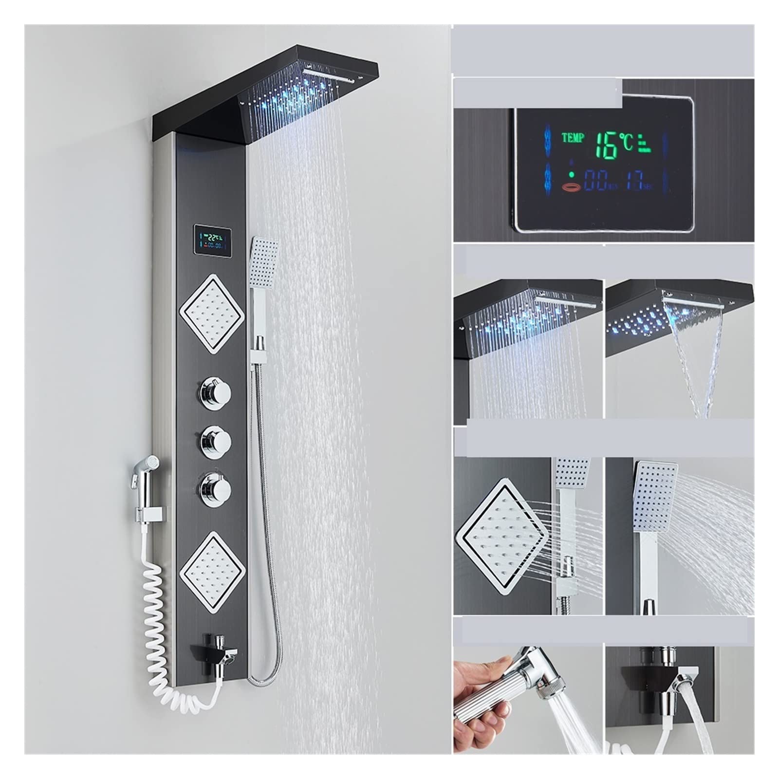 CVFRDD Black LED Light Shower Faucet Bathroom SPA Massage Jet Shower Column System Waterfall Rain Shower Panel Bidet Sprayer Tap(9002 Black Brushed)