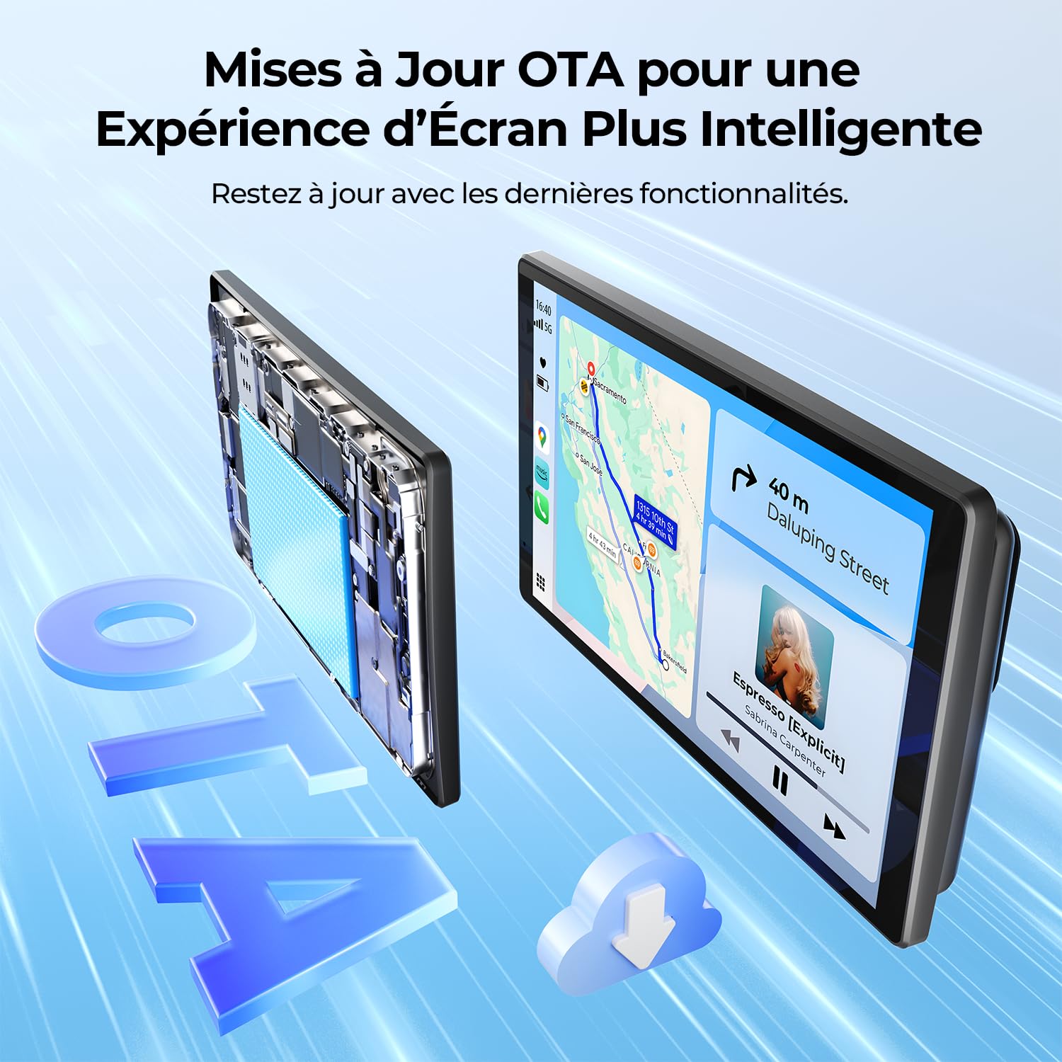 Écran Portable 8'' pour Apple CarPlay & Android Auto, Affichage HD 1440x900, Support Magnétique, Mises à Jour OTA, Modes Portrait et Paysage, Caméra de Recul, Bluetooth, Contrôle Vocal, Navigat