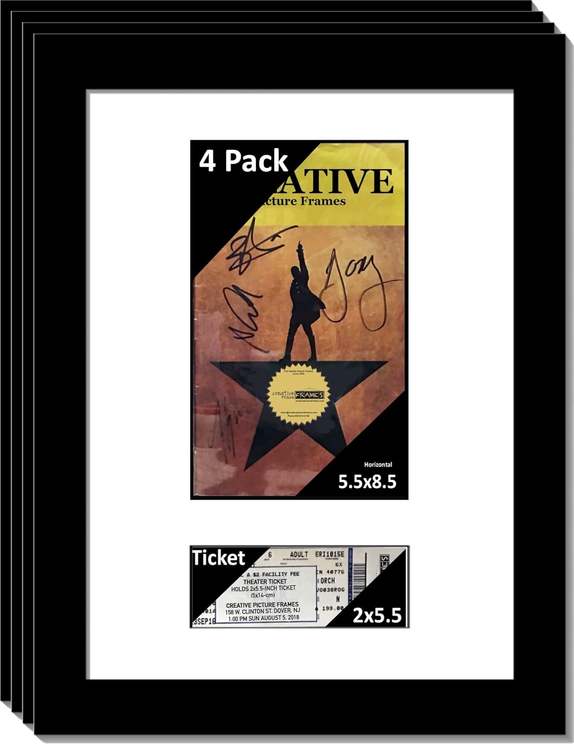 Creative Picture Frames 4Pk11X14-W Black Theatre Frame With White Matting, Holds 5.5X8.5-Inch Media Plus Ticket Including Installed Wall Hanger (Theatre Bill Not Included, Pack Of 4)
