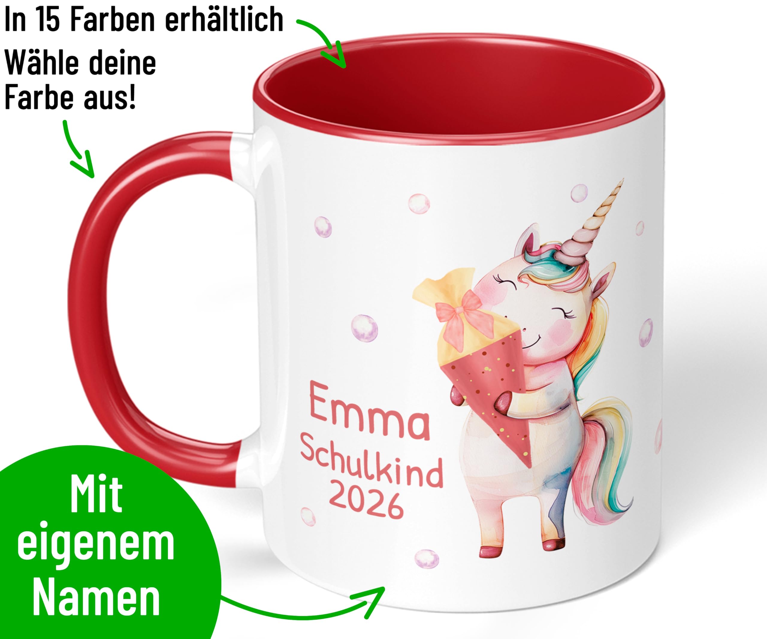 Geschenk zum Schulanfang für Mädchen: Tasse „Schulkind 2026“ - Motiv: EINHORN Schultüte - personalisiert mit Namen - Einschulung Schulanfänger 1. Klasse, Keramik, ca. 330ml, Rot