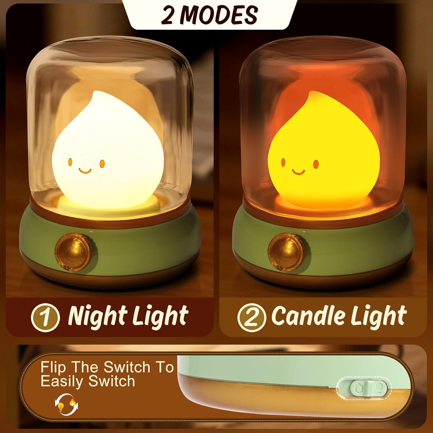 Hbaushun Cute Flame Lamp, Flame Night Light, 2 Modes Retro Rechargeable Night Light, Dimmable Forest Green Vintage Lamp Decor for Bedroom Desk Decoration,Birthday Christmas