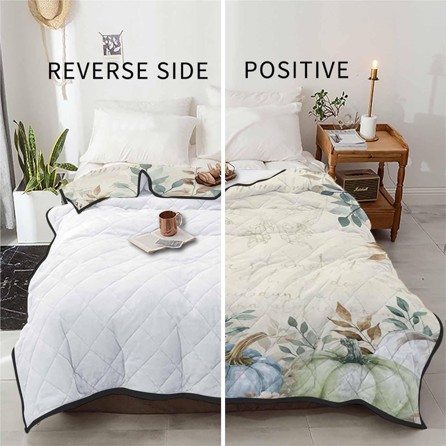 T&H XHome Quilt Full Size Luxury Quilted Comforter Bedspread-Thin Soft Cozy, Fall Pumpkin Thanksgiving Eucalyptus Leaf Plant Reversible Stitched Lightweight Quilt Coverlet for All Season