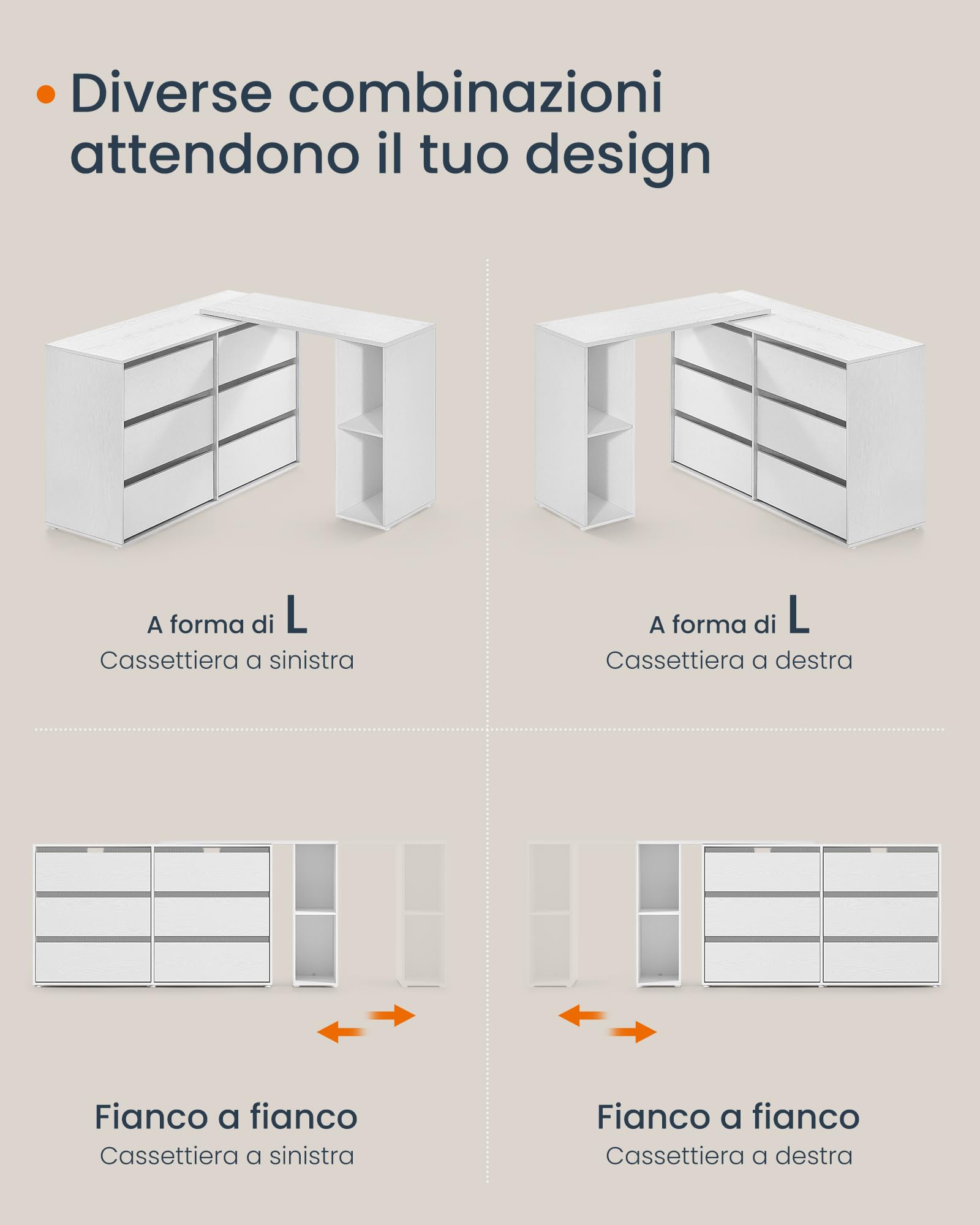 SONGMICS HOME Cassettiera Camera da Letto, Montaggio Rapido Senza Attrezzi Toolless, Scrivania Camera da Letto con Cassettiera Bianca, Toeletta Trucco, 6 Cassetti, Moderno, Bianco LTS656W01