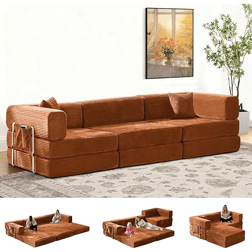 Folding Sofa Bed Convertable Corduroy Couch King Size Floor Sleeper 4-in-1 DIY Combination Modular Sofa Fold Out Futon Lounge Comfy Foldable Lazy cama for Living Room (Orange, 118″)