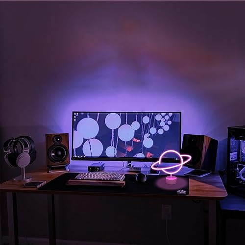 Miniatura 5 de ENUOLI Letreros de luz de neón de planeta rosa, luces de noche LED con pedestal, decoración de habitación, bateríaoperación USB, letreros de neón