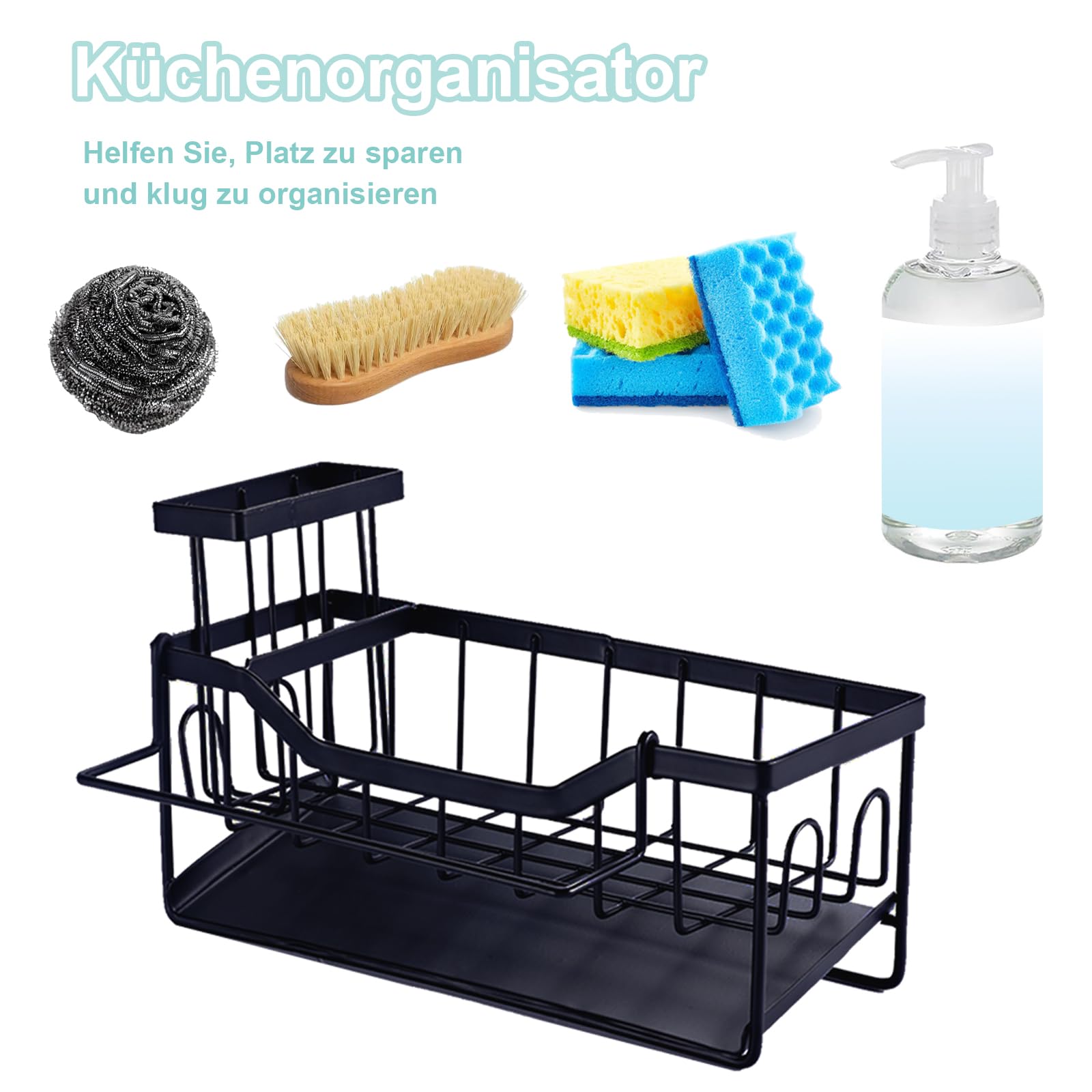 Spülbecken Organizer Schwarz, Küchen Sink Caddy Organizer, Küchenorganisator, Hängendes Waschbeckenregal Lagerung, Kein Bohren Erforderlich, 1 Selbstklebender Haken, Geeignet für Küche und Bad