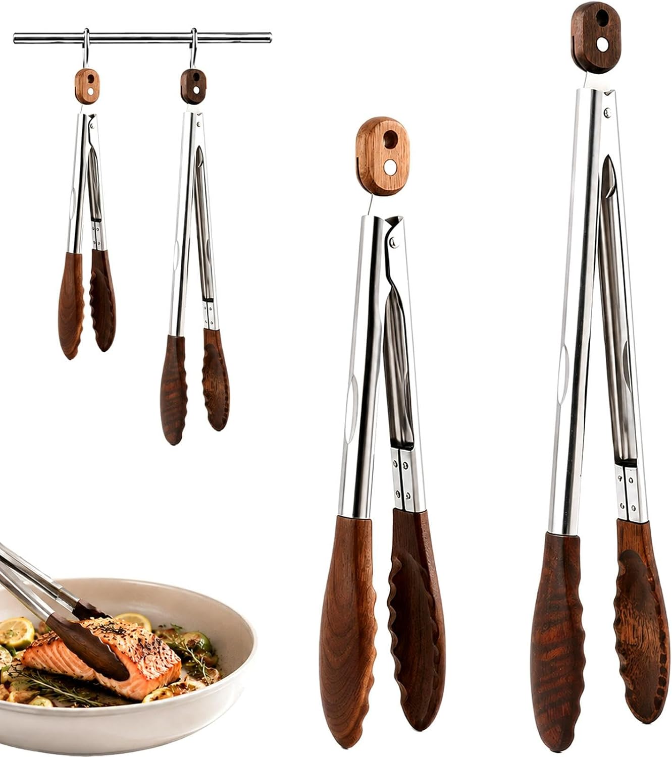 Wooden Tongs Set of 2, Wood Handle Kitchen Tongs with Food-Grade Silicone Tips, 11.8" & 15.4" for Cooking BBQ Serving Salad