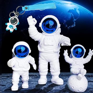 4Pcs Astronaut Statue Decor Set, Blue Polyresin Astronaut Figurine Ornament 3Pcs Mirror Spaceman &1Pcs Keychain for Room Car Dashboard Office Home Music Table Gift