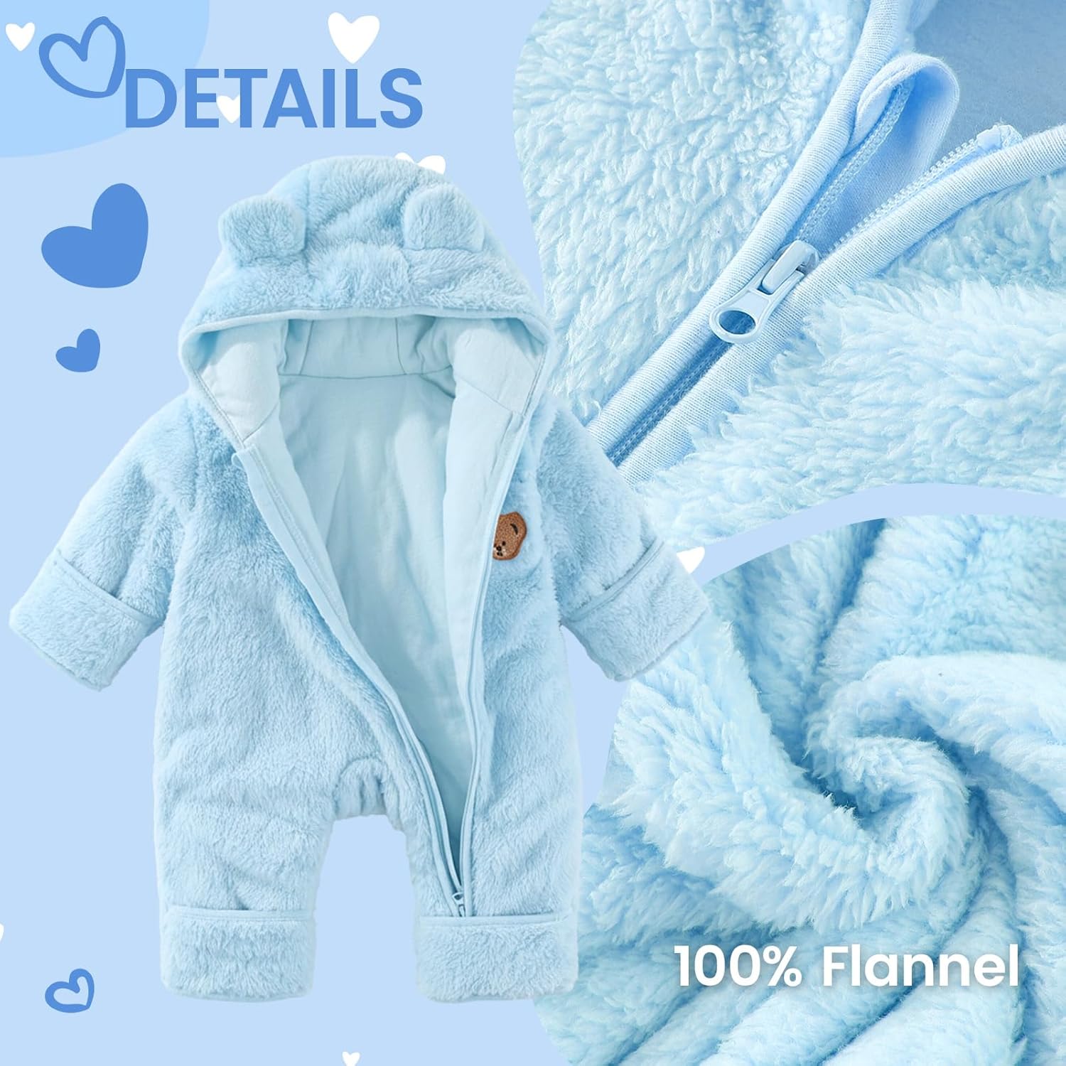 JiAmy Baby Snowsuit Fleece Bunting - Newborn Winter Bear Onesie Warm Hooded Romper with Foldover for Infant Boys Girls - Image 3