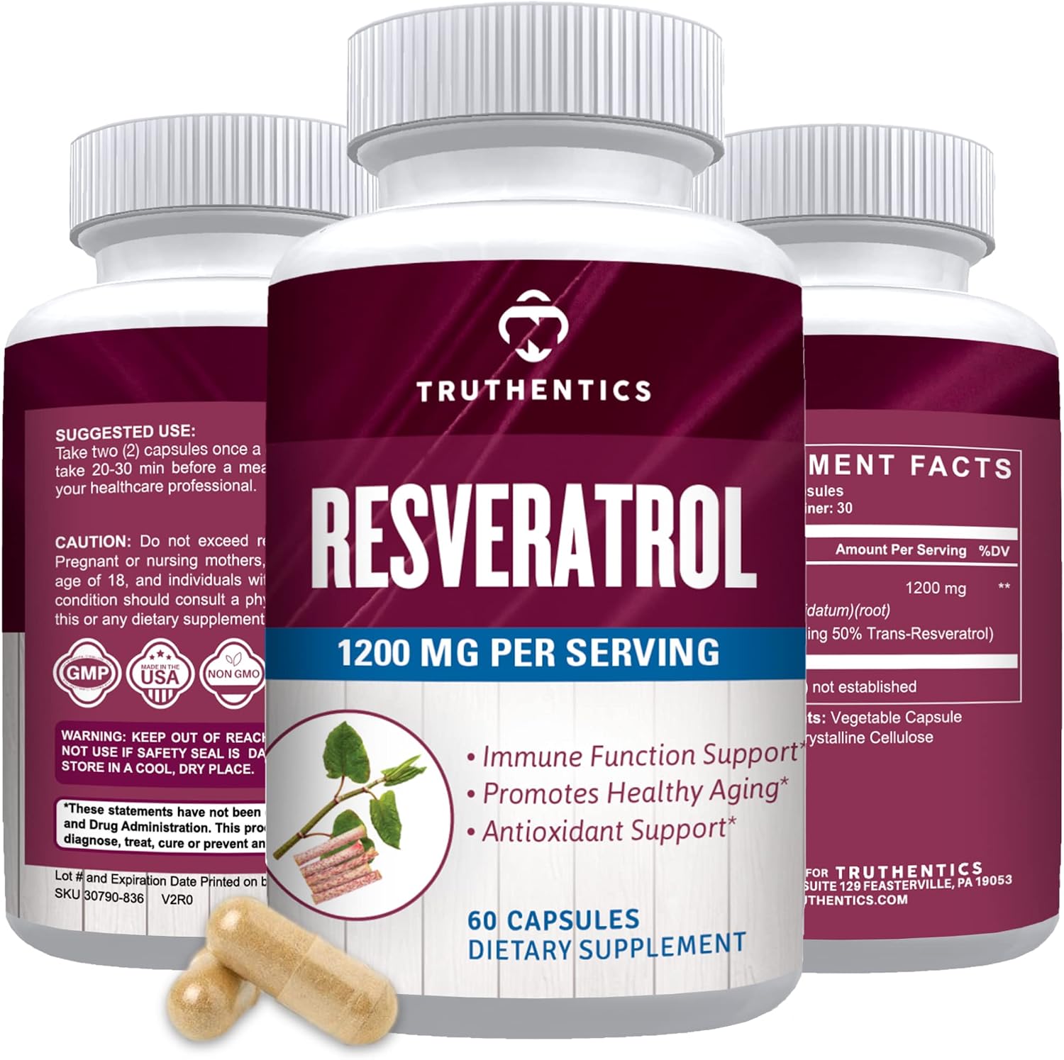 TRUTHENTICS Resveratrol Supplement 1200mg, 60 Vegan Capsules