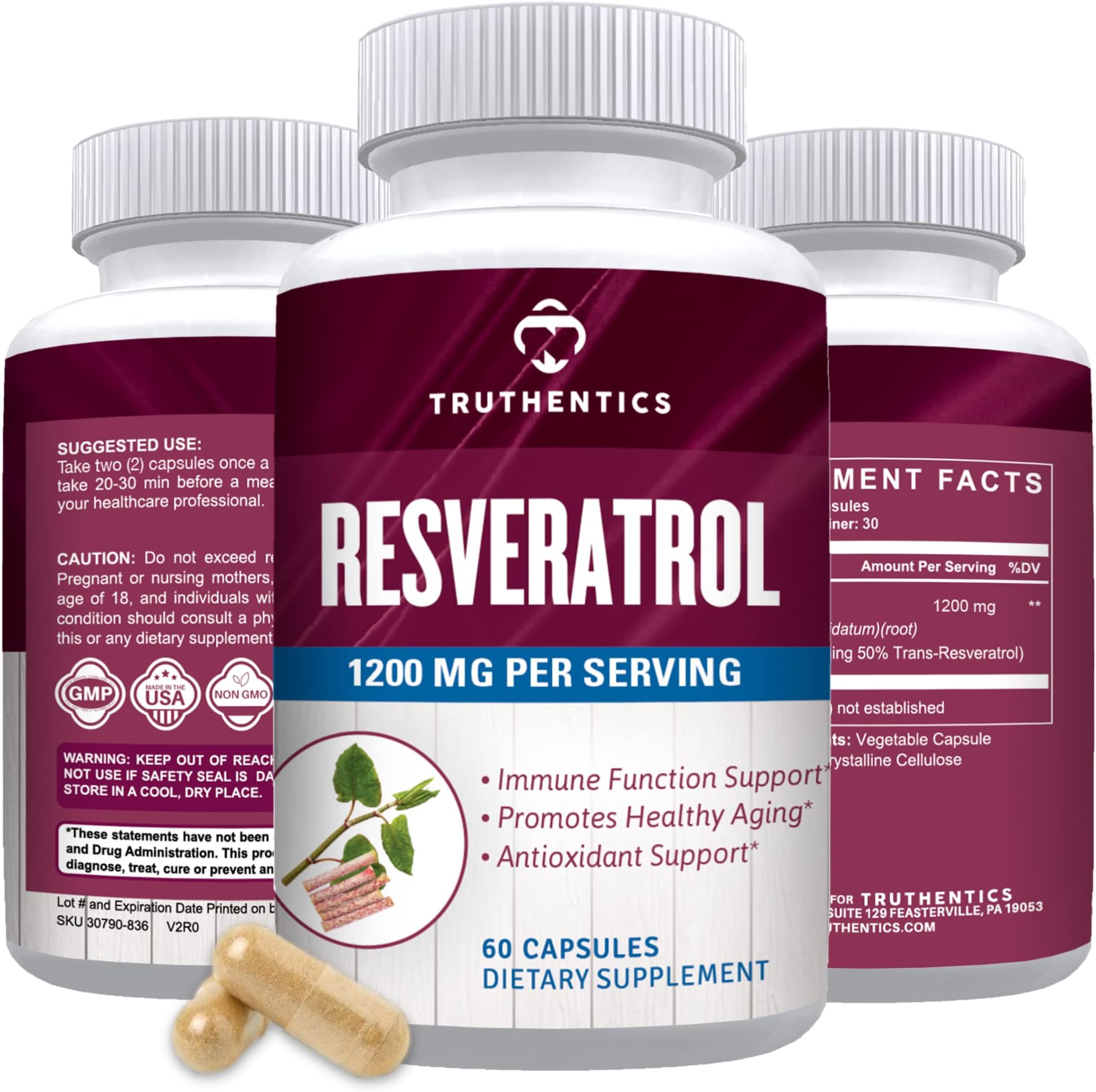 Resveratrol Supplement 1200mg - Japanese Knotweed Capsules - High Potency Trans Resveratrol Nutritional Supplements for Healthy Aging, Vibrant Skin & Immune Health - 60 Vegan Capsules