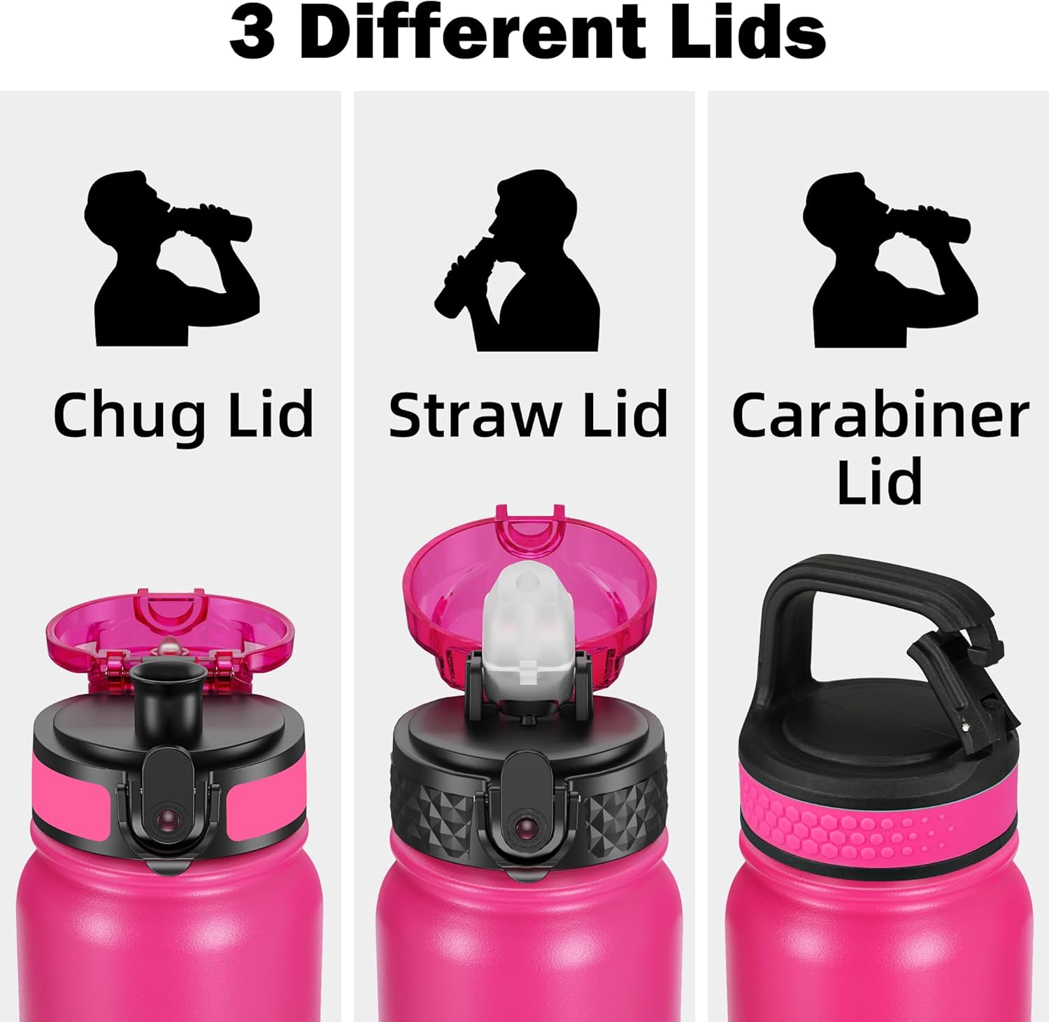 Oldley Insulated Water Bottle 20oz Water Bottles with Straw, Stainless Steel Water Bottle with 3 Lids, Double Wall Vacuum Bottels for Adults School Kids,Leak-Proof Sport Bottles, Rose Red-Green - Image 2