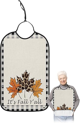 Thanksgiving Maple Leaf Adult Bibs for Elder Women Men Eating, Waterproof & Washable Bibs for Eating Clothing Protector Dining Bibs for Crumb