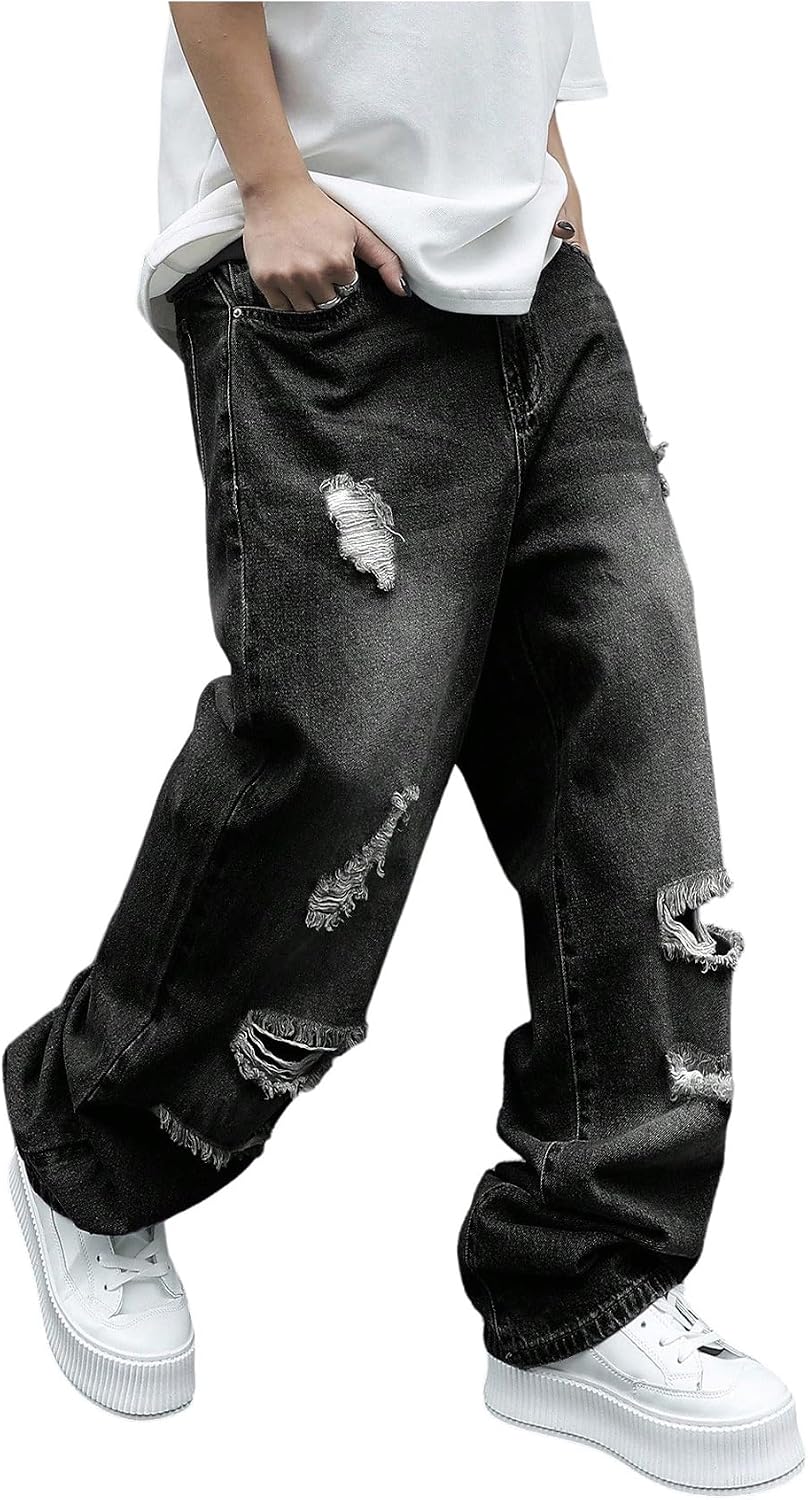 SweatyRocks Men's Baggy Jeans Ripped Loose Low Waist Casual Wide Leg Denim Pants Streetwear