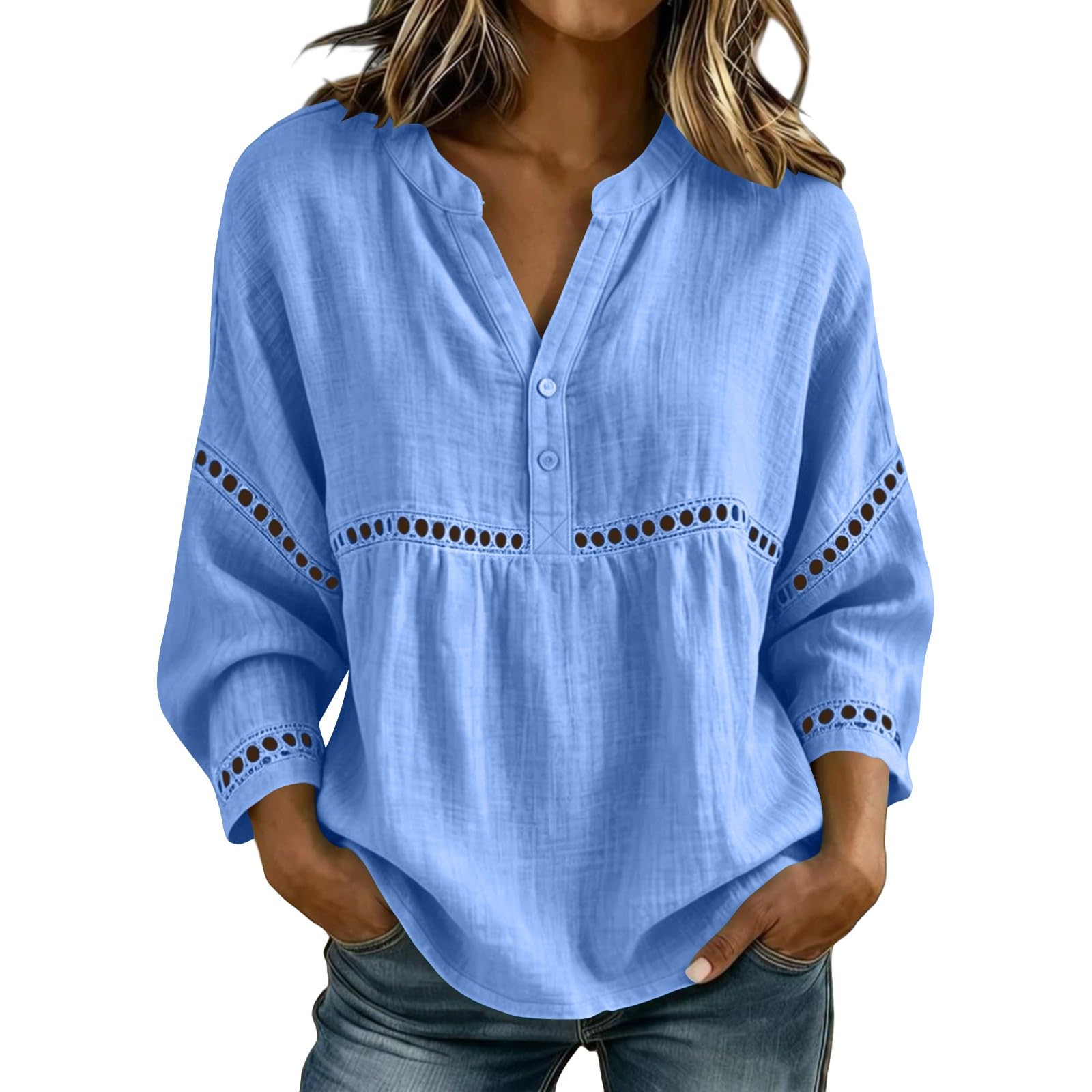 Notch Collar Hollow Lace Insert Cotton Linen 3/4 Sleeve Womens Blouse