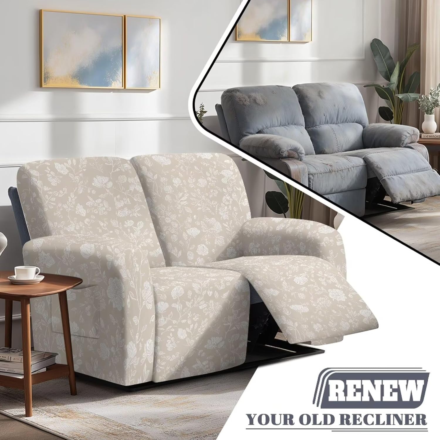 Floral Vintage Beige Print Loveseat Covers Stretch Love Seat Sofa Covers Washable Reclining Loveseat Slipcover 2 Seat Couch Covers for Living Room Decor
