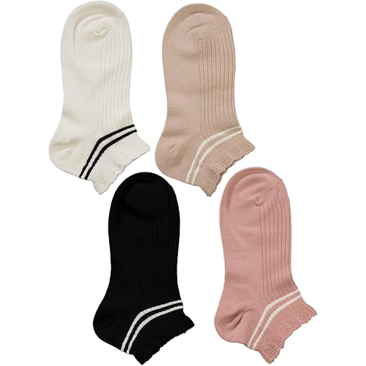 Cotton Striped Ruffle Cuff Ankle Socks - 4 Pairs