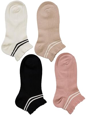 Yellow Bee Cotton Striped Ruffle Cuff Ankle-Length Socks for Girls - 4 Pairs, Peach, Beige, Black and Cream, 10-12 Years