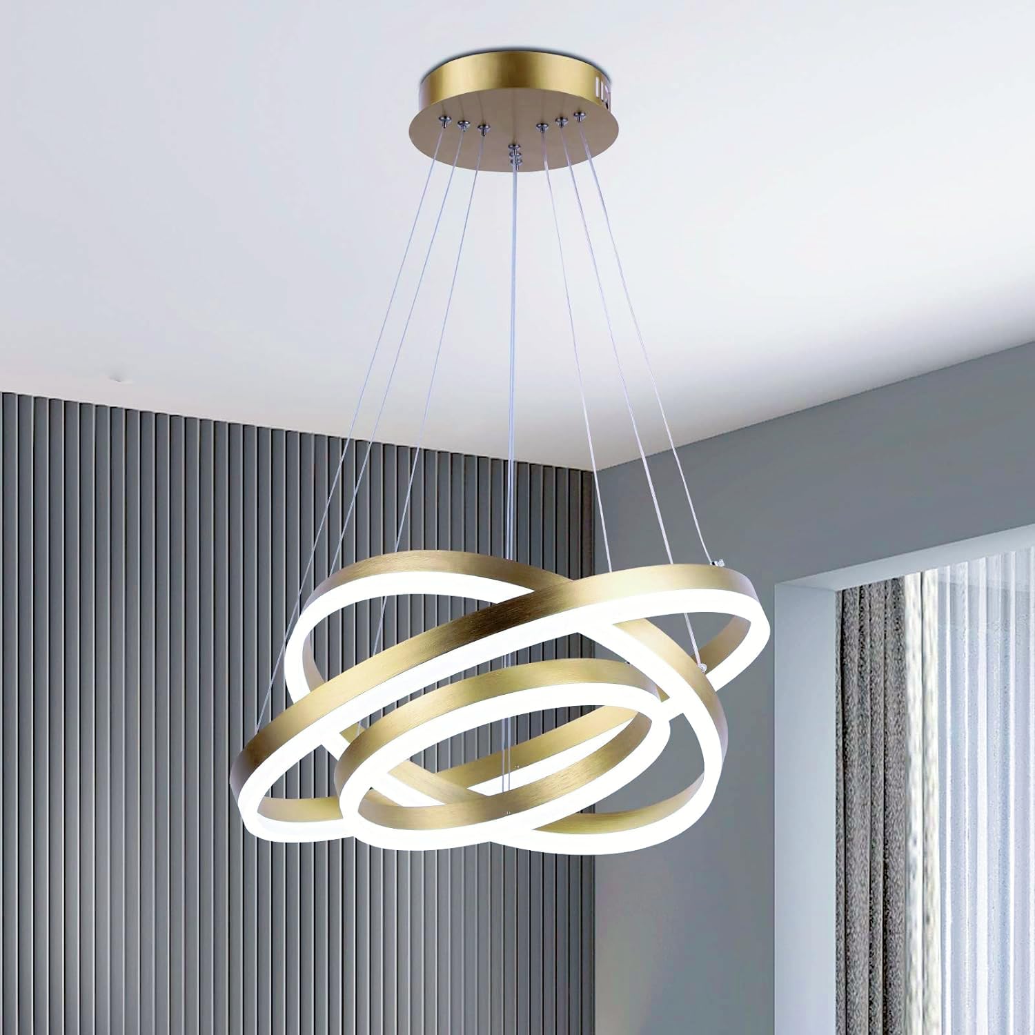 Maxax Modern LED Chandelier 3-Ring Flush Mount Pendant Light Gold Brown ...