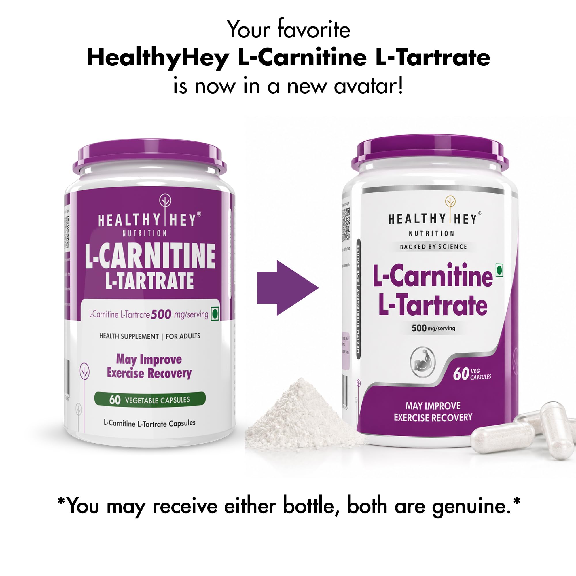 HealthyHey L-Carnitine & L-Tartrate (LCLT)-Support Transport of Fats to Muscles - 60 Vegetable Capsules (Pack of 1)