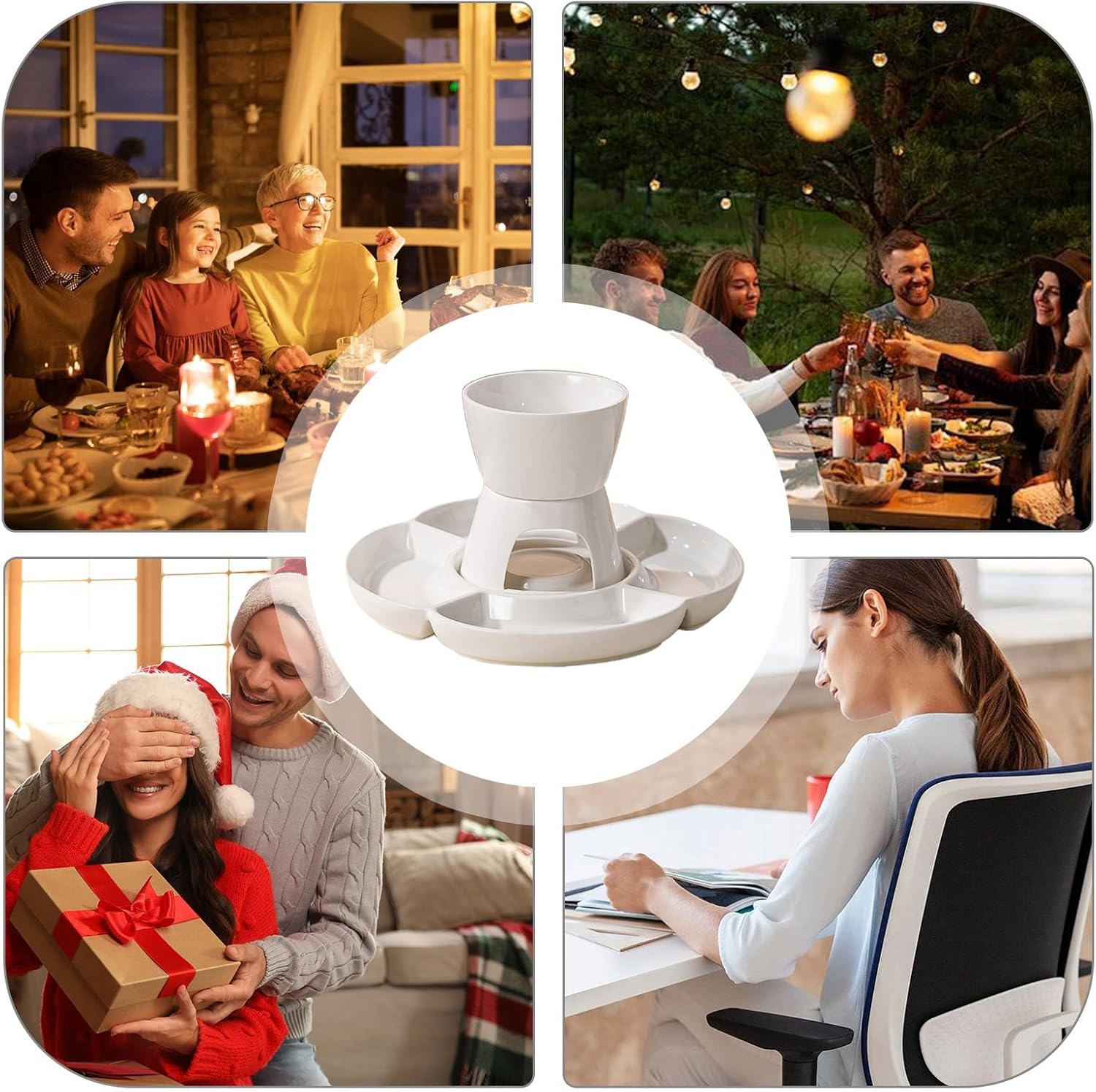 Fondue Maker Set - Ceramic Interactive Melt Bowl, Candle Heated Hot Pot Kit, Serving Tray Fork Included, Tabletop Dessert Equipment | Cheese Chocolate Candy Party for Cheese, Chocolate, Candy, Party