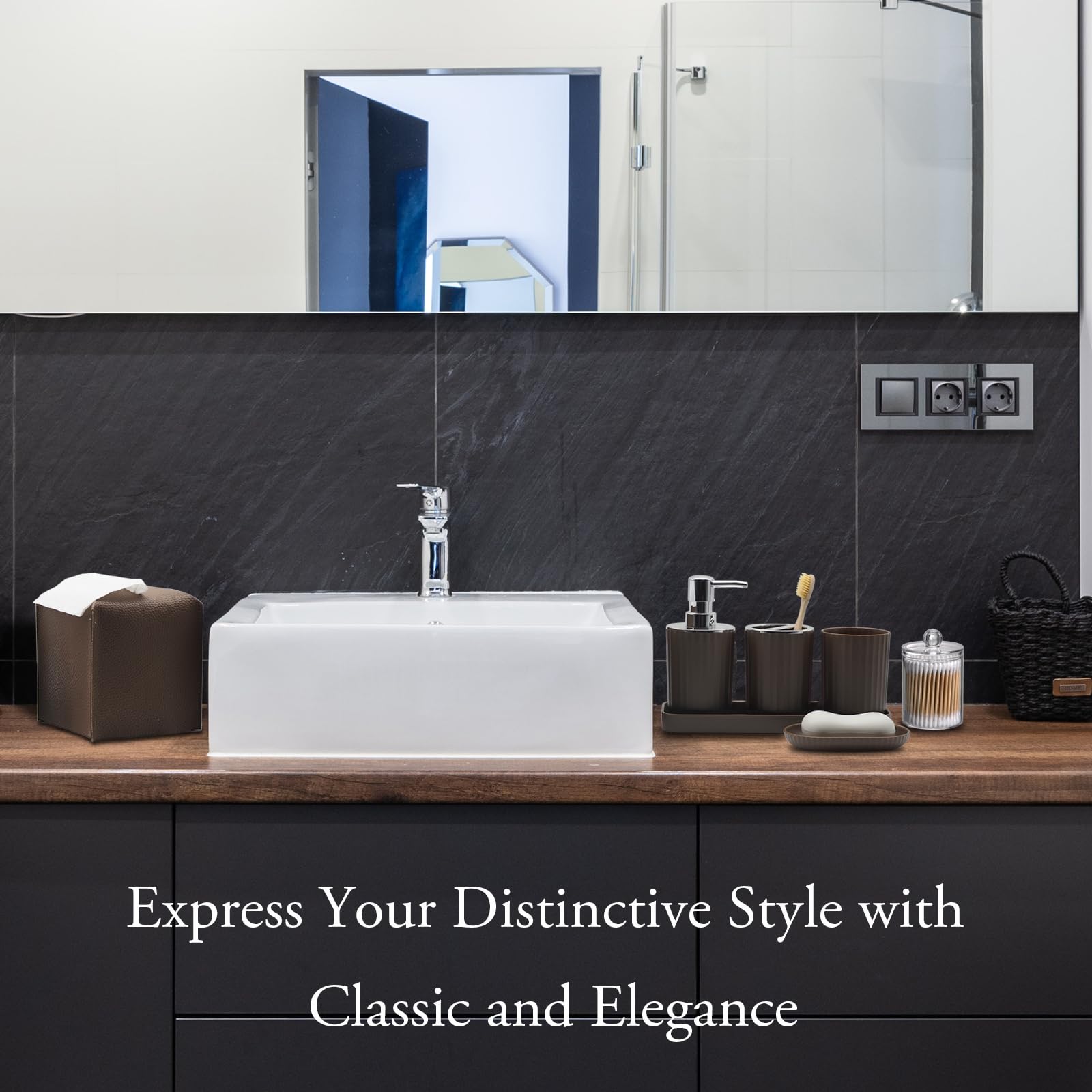 Set di accessori da bagno – Set di accessori da bagno marrone da 10 pezzi con cestino, portaspazzolino e tazza, dispenser per sapone, portasapone, portascopino WC, vassoio da toeletta, supporto Qtip